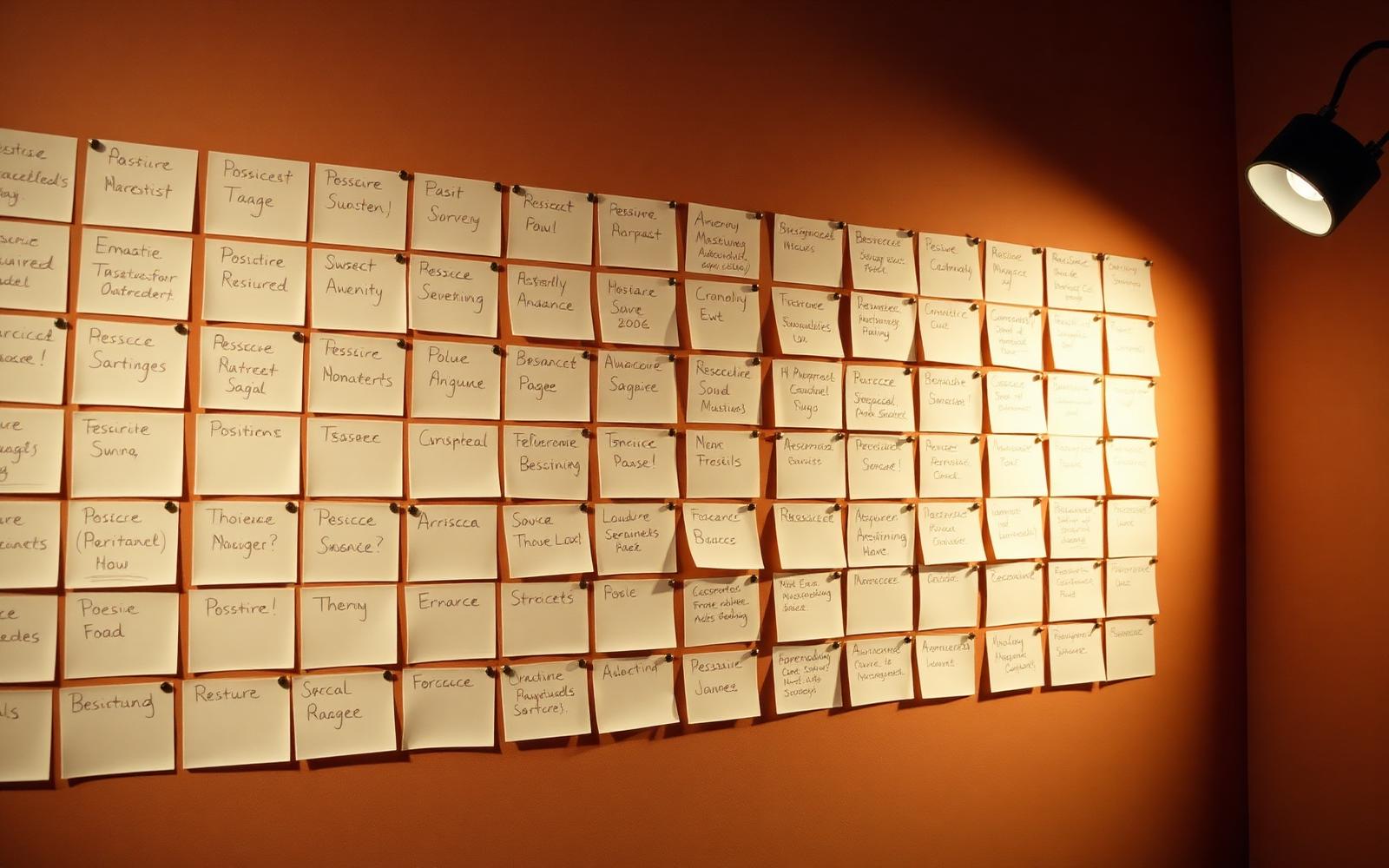 Wall covered with positioning cards during a branding session