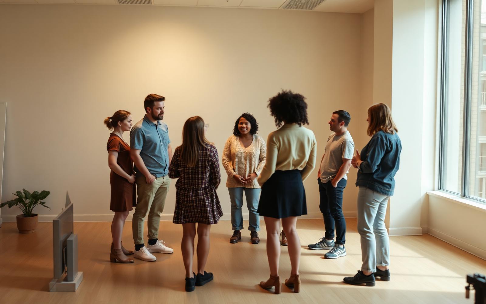 Equipo en círculo durante una sesión de sprint de estrategia creativa